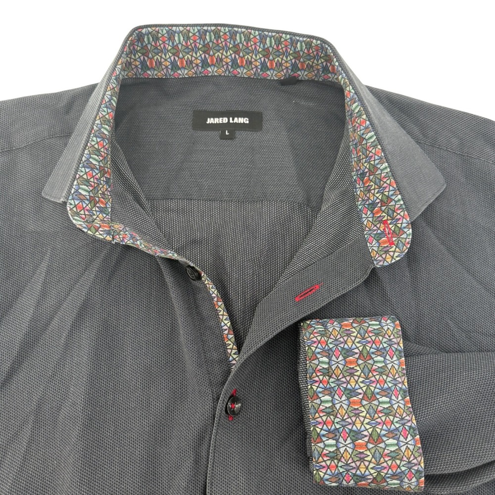Jared Lang Mens Long Sleeve Button Up Shirt Charcoal Gray Geometric Trim Size L